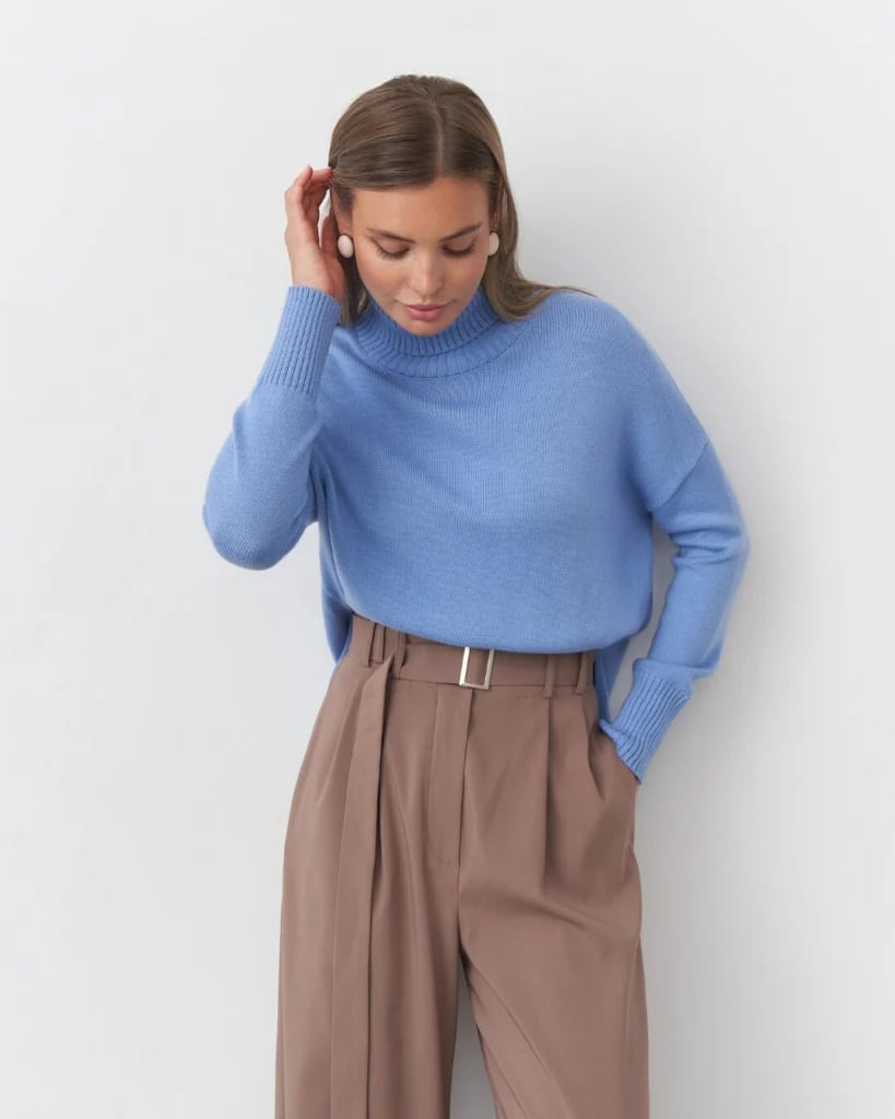 Blue Turtleneck and Brown Pleated Trousers Blue Turtleneck and Brown Pleated Trousers — Simple Conference Outfits