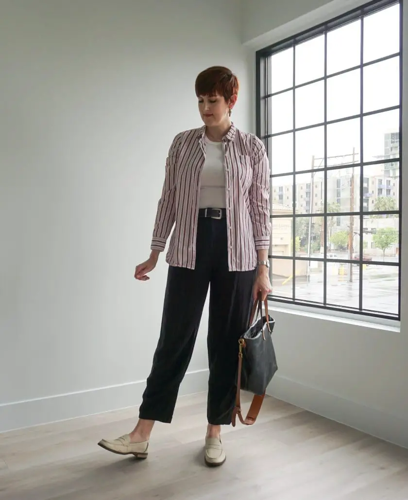 Striped Button-Down Over White T-shirt with Black Trousers Striped Button-Down Over White T-shirt with Black Trousers — Simple Conference Outfits
