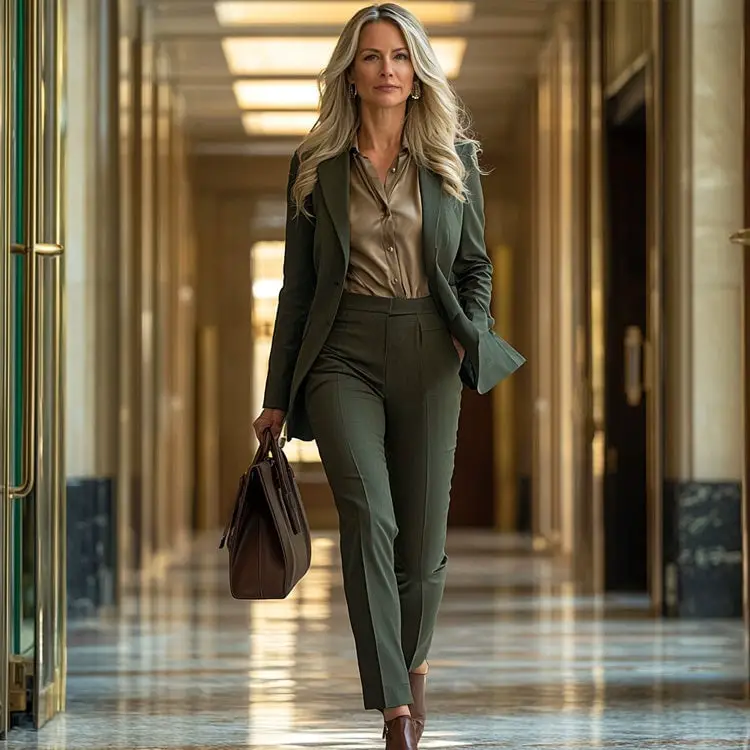 Olive Green Suit with Champagne Satin Blouse Olive Green Suit with Champagne Satin Blouse — Simple Conference Outfits