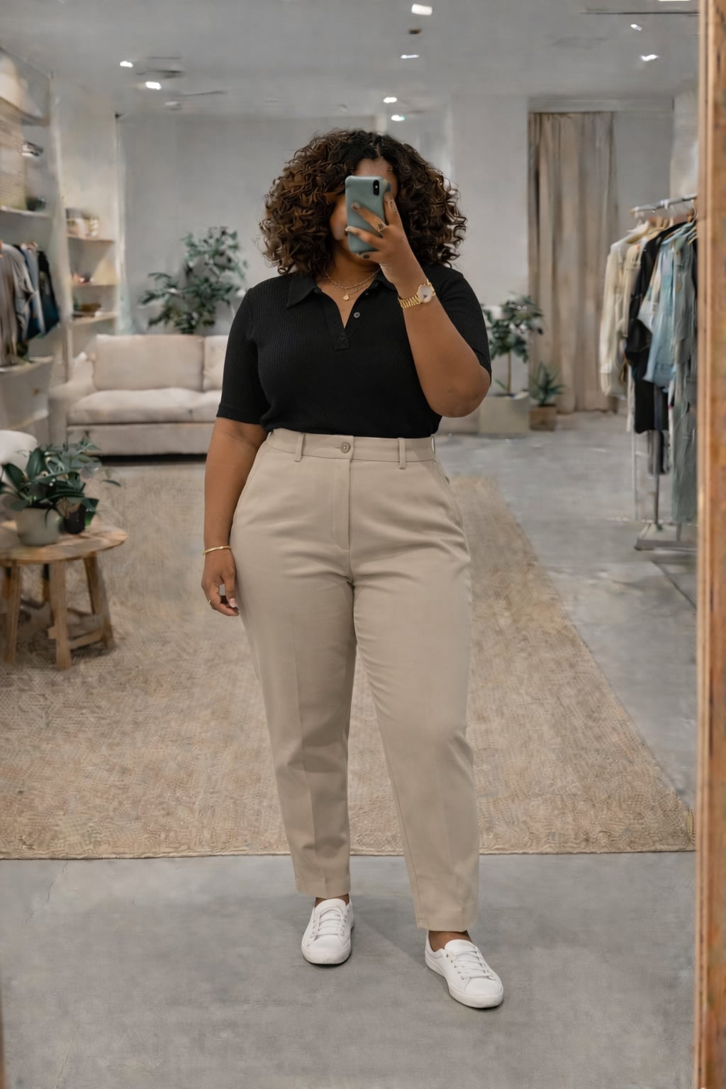 Black Polo Shirt with Beige Trousers and White Sneakers Black Polo Shirt with Beige Trousers and White Sneakers — Simple Conference Outfits