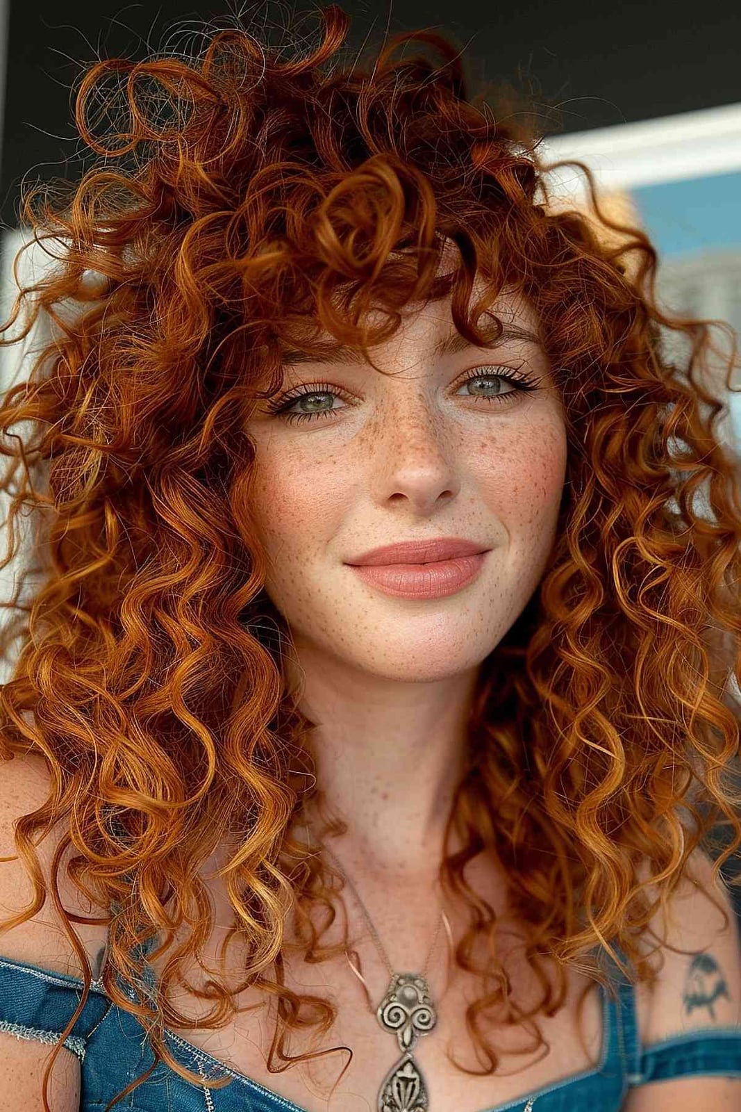 Strawberry Copper Curls with Full Bangs Strawberry Copper Curls with Full Bangs — Simple Copper Hair with Blonde