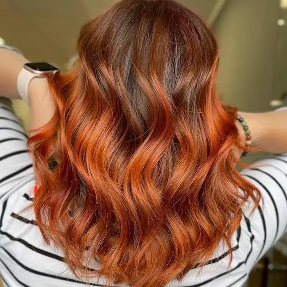 Shoulder Length Copper Balayage Waves Shoulder Length Copper Balayage Waves — Simple Copper Hair with Blonde
