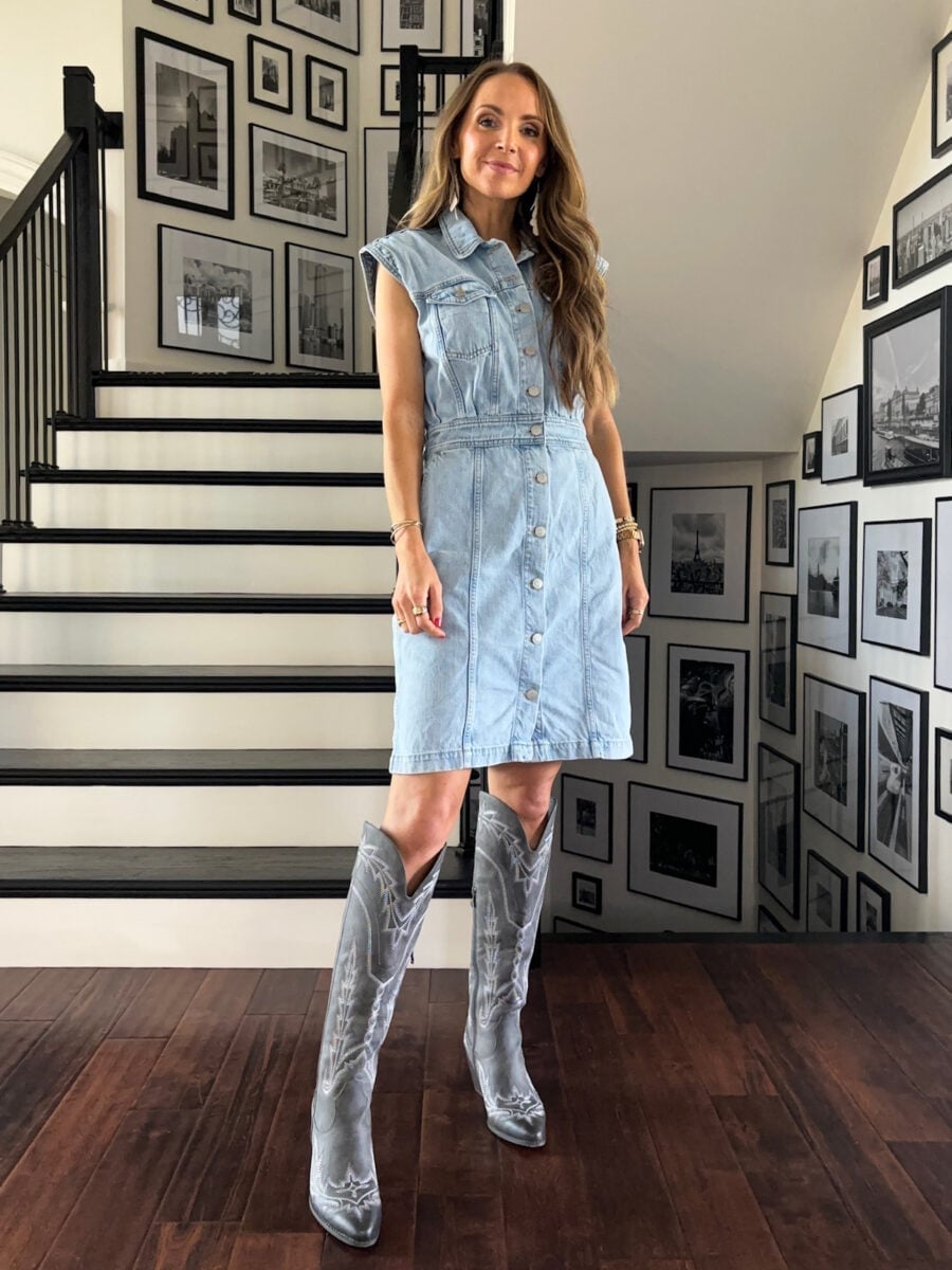 Denim Dress with Knee-High Cowboy Boots Denim Dress with Knee-High Cowboy Boots — Simple Country Concert Outfits Ideas