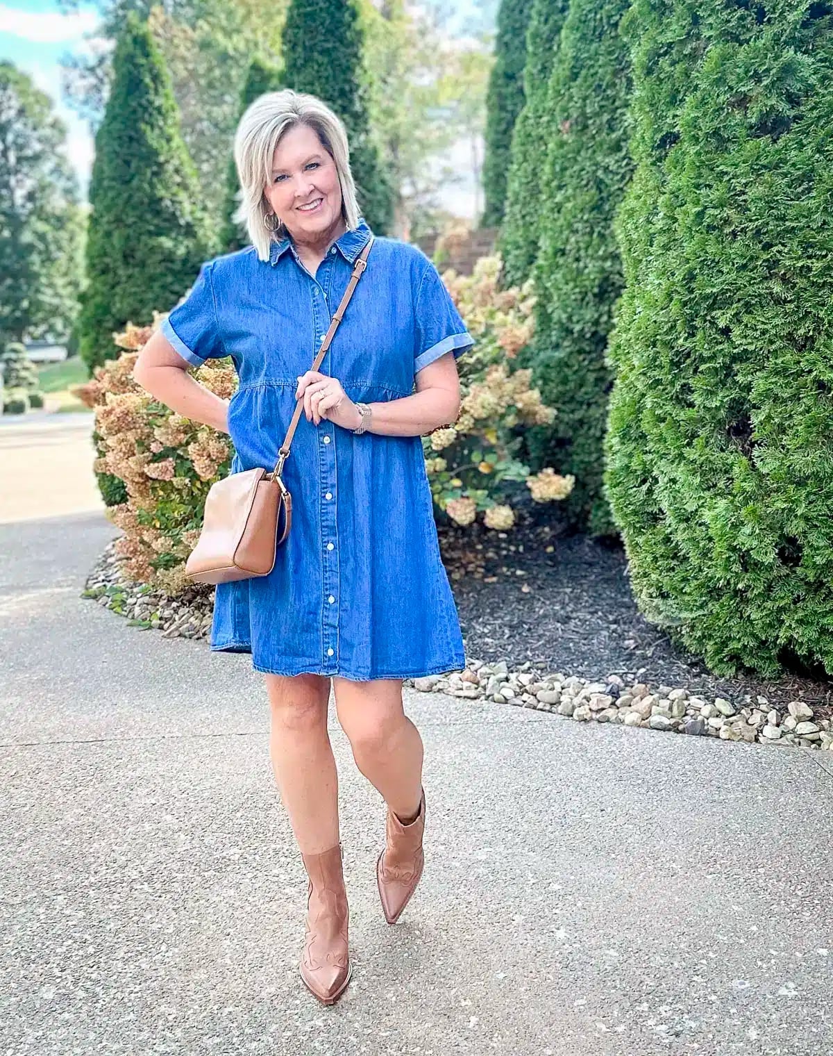 Denim Shirt Dress with Tan Pointed Cowboy Boots Denim Shirt Dress with Tan Pointed Cowboy Boots — Simple Country Concert Outfits Ideas