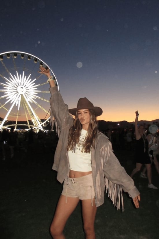 Fringe Halter Top with Crochet Shorts and Cowboy Hat Fringe Halter Top with Crochet Shorts and Cowboy Hat — Simple Country Concert Outfits Ideas