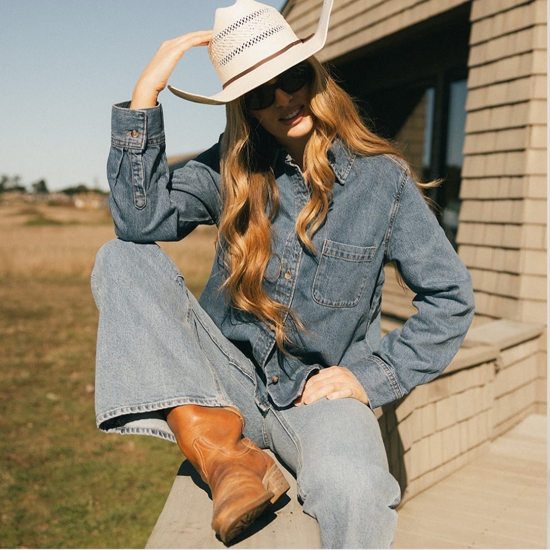 Relaxed Denim Shirt and Wide-Leg Jeans, Office-Safe Version Relaxed Denim Shirt and Wide-Leg Jeans, Office-Safe Version — Simple Country Concert Outfits Ideas