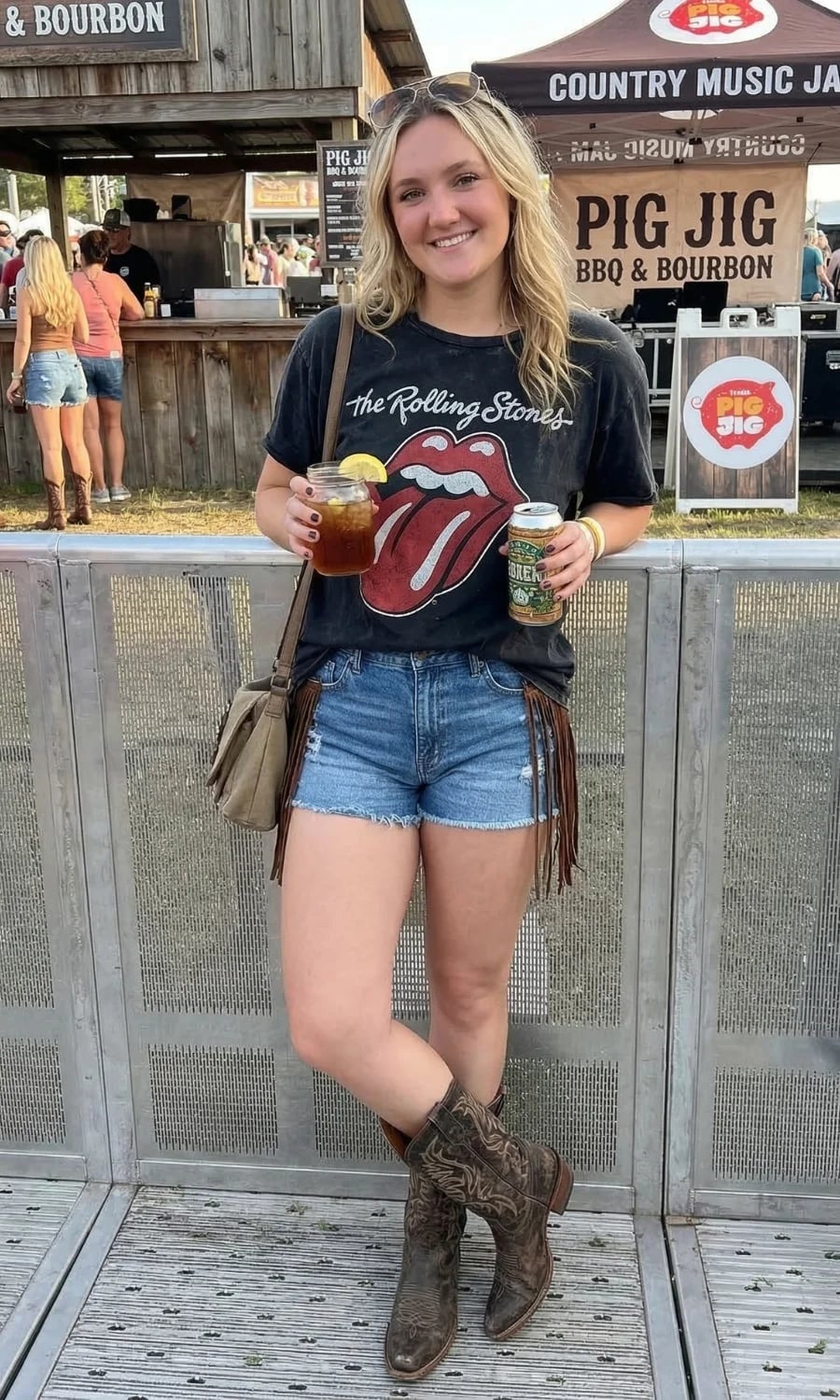 Band T-Shirt with Fringe Denim Shorts, Office-Safe Version Band T-Shirt with Fringe Denim Shorts, Office-Safe Version — Simple Country Concert Outfits Ideas