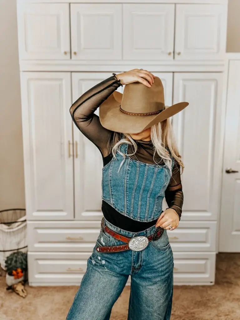 Denim Overalls and Mesh Top Denim Overalls and Mesh Top — Simple Cowboy Hat Outfits