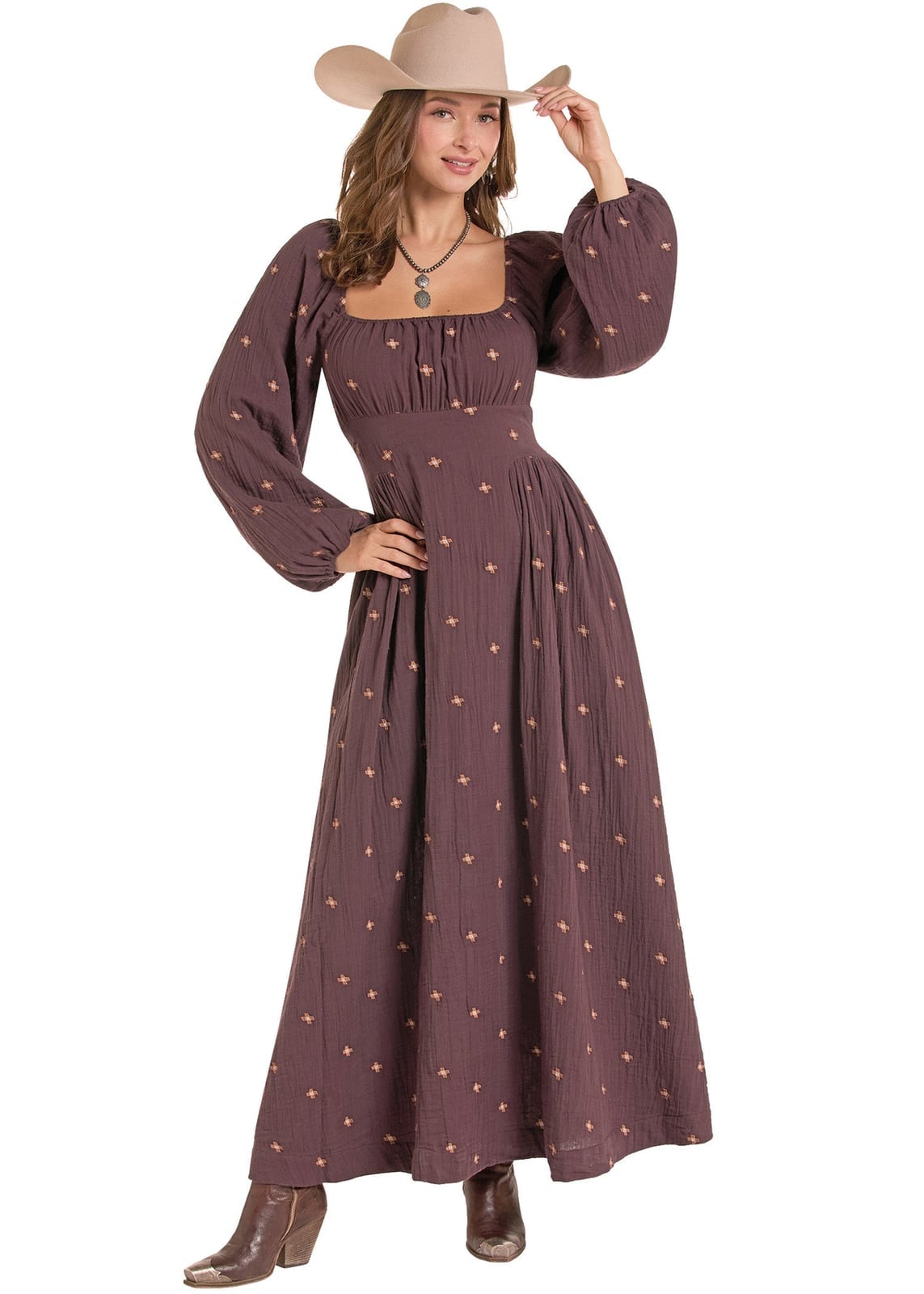 Embroidered Midi Dress and Boots Embroidered Midi Dress and Boots — Simple Cowboy Hat Outfits