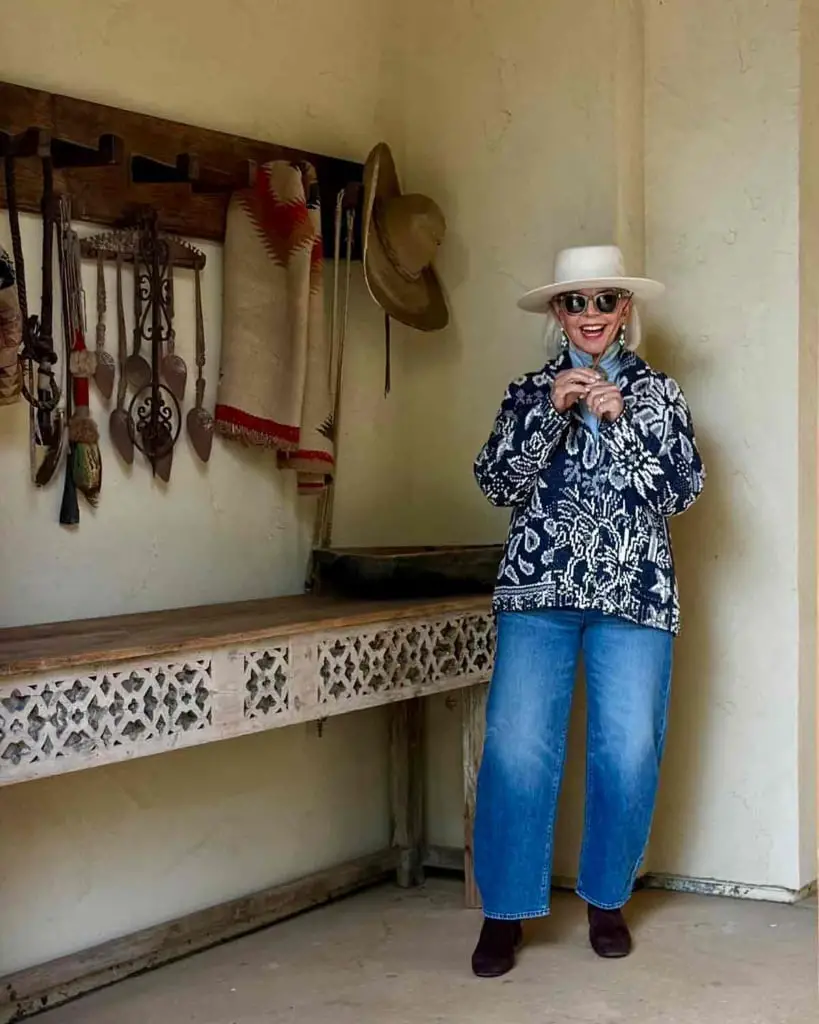 Printed Jacket and Wide-Leg Jeans Printed Jacket and Wide-Leg Jeans — Simple Cowboy Hat Outfits