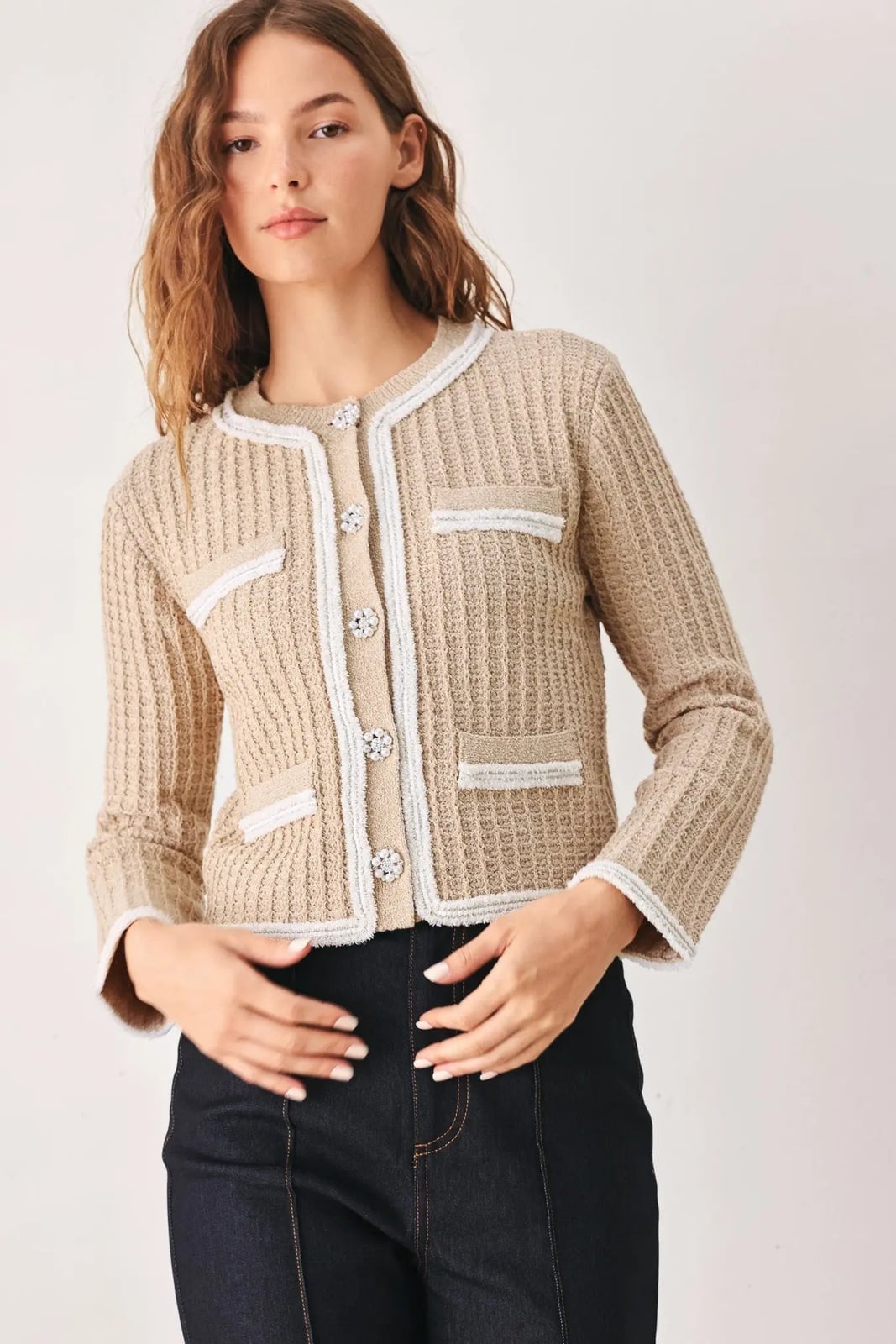 Beige Textured Cardigan with Contrast Trim Beige Textured Cardigan with Contrast Trim — Simple Cropped Cardigan Outfits