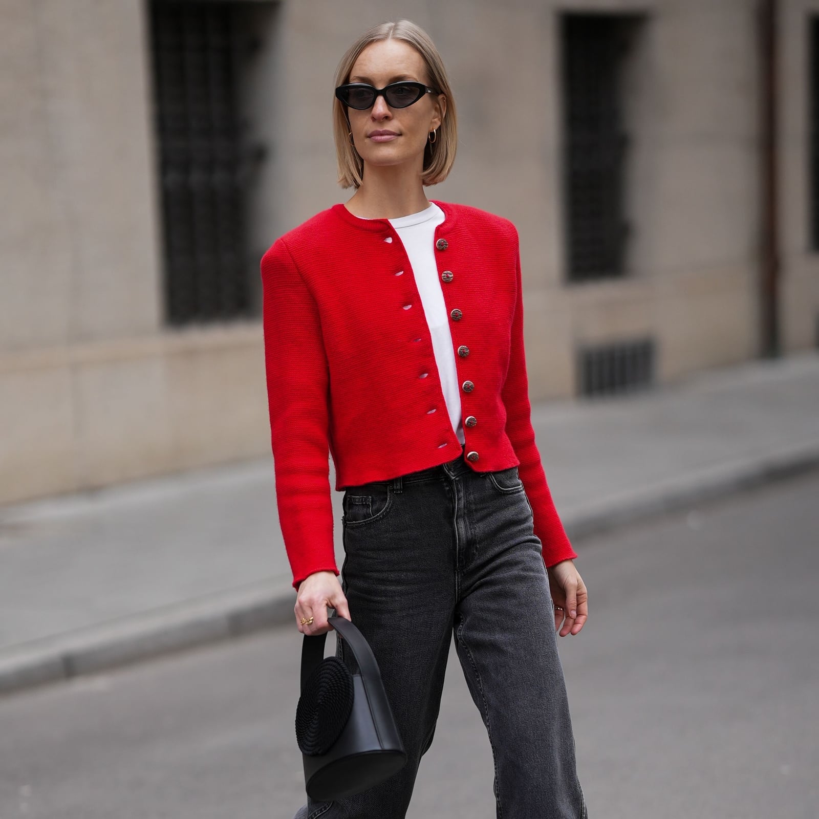 Red Textured Cardigan with Gray Jeans Red Textured Cardigan with Gray Jeans — Simple Cropped Cardigan Outfits