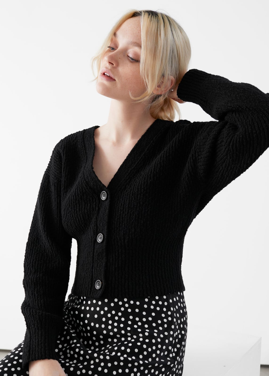 Black Textured Cardigan with Polka Dot Skirt Black Textured Cardigan with Polka Dot Skirt — Simple Cropped Cardigan Outfits