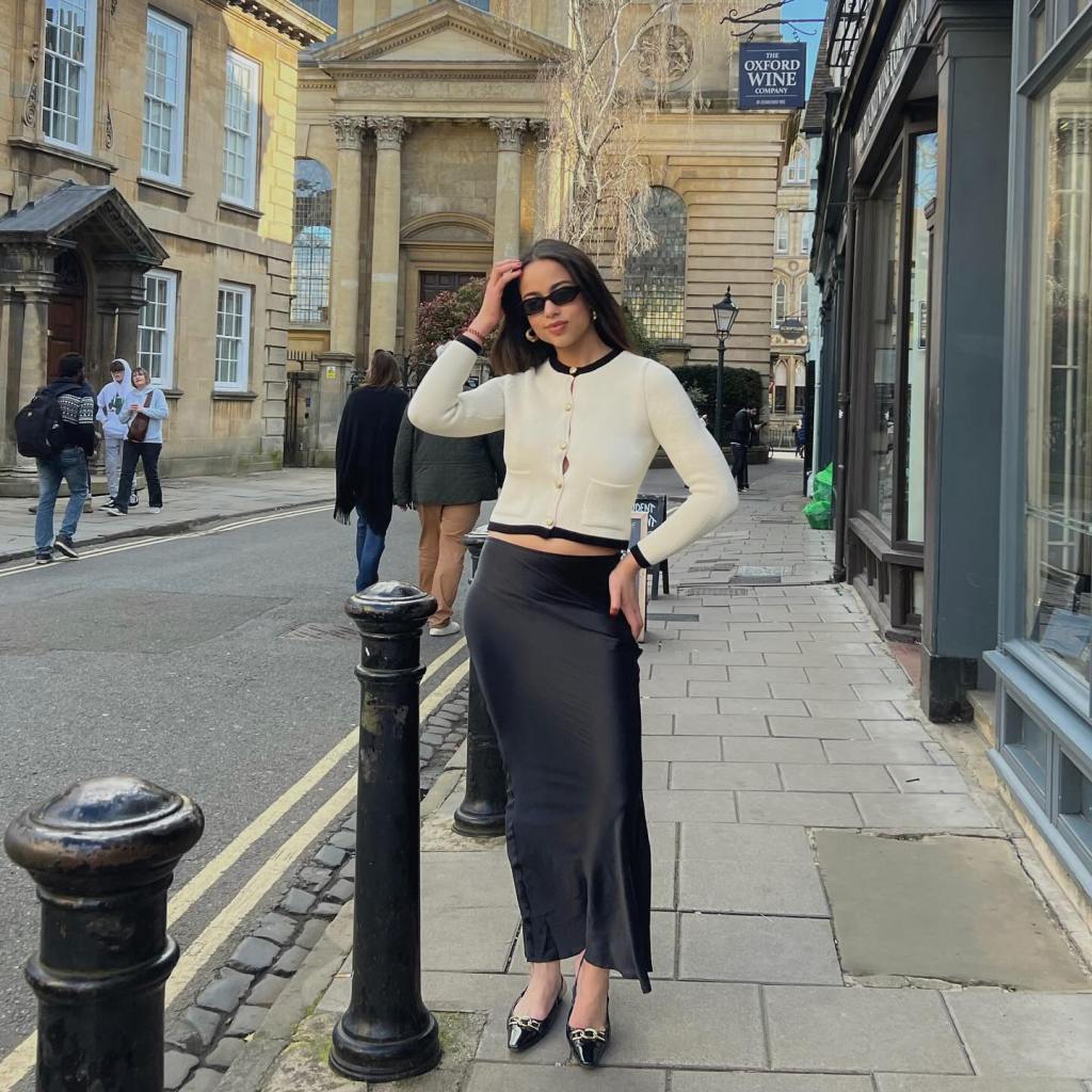 White Cropped Cardigan and Black Satin Skirt White Cropped Cardigan and Black Satin Skirt — Simple Cropped Cardigan Outfits