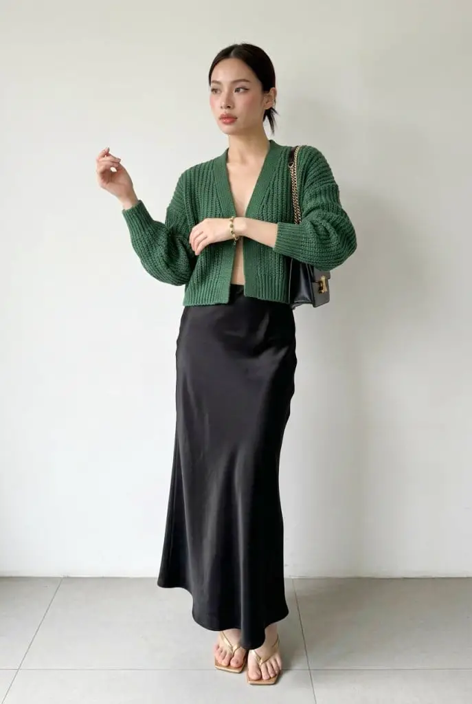 Green Chunky Knit Cardigan with Slip Skirt Green Chunky Knit Cardigan with Slip Skirt — Simple Cropped Cardigan Outfits