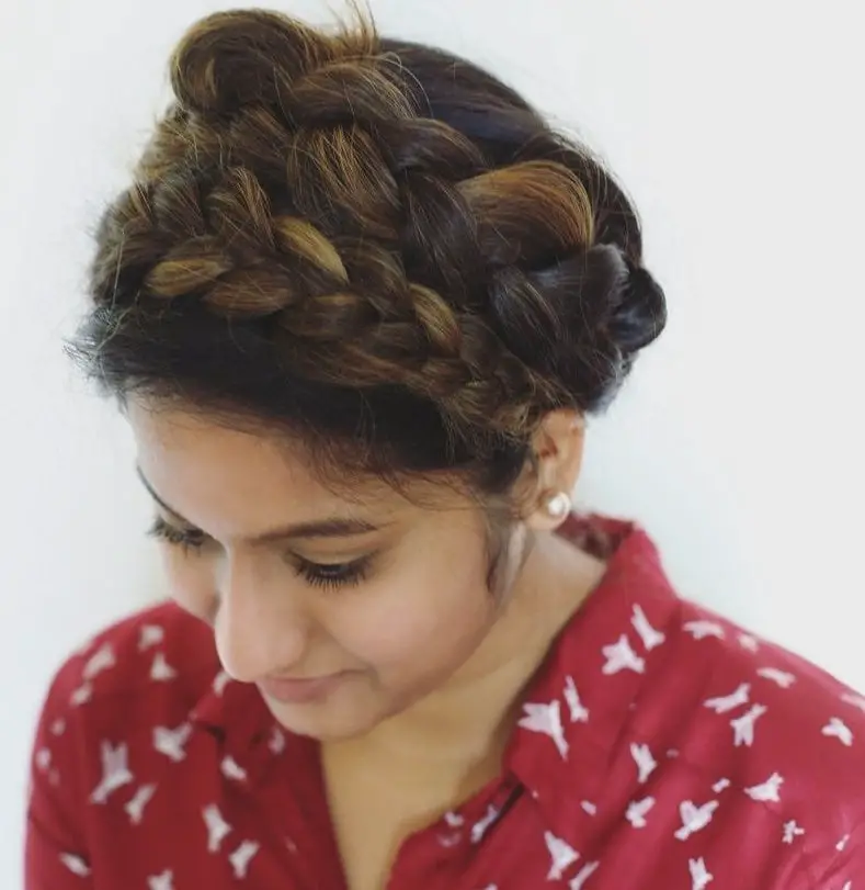 Textured Dark Brown Crown Braid with Highlights, Mid-Back — Simple Crown Braid