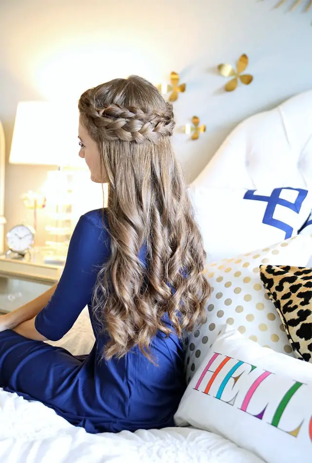 Light Brown Crown Braid with Loose Waves — Simple Crown Braid