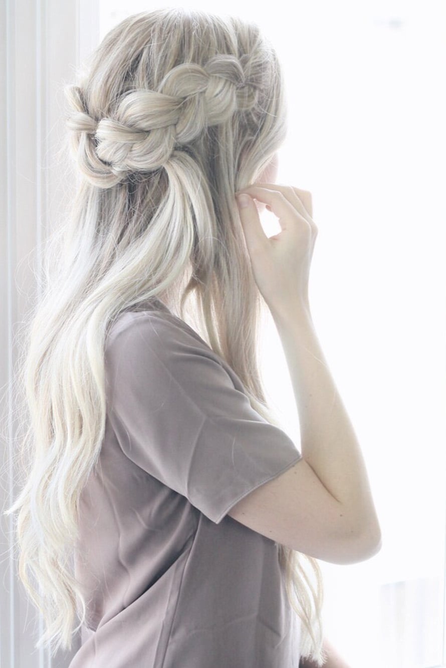 Ash Blonde Crown Braid Bun with Side Bangs — Simple Crown Braid