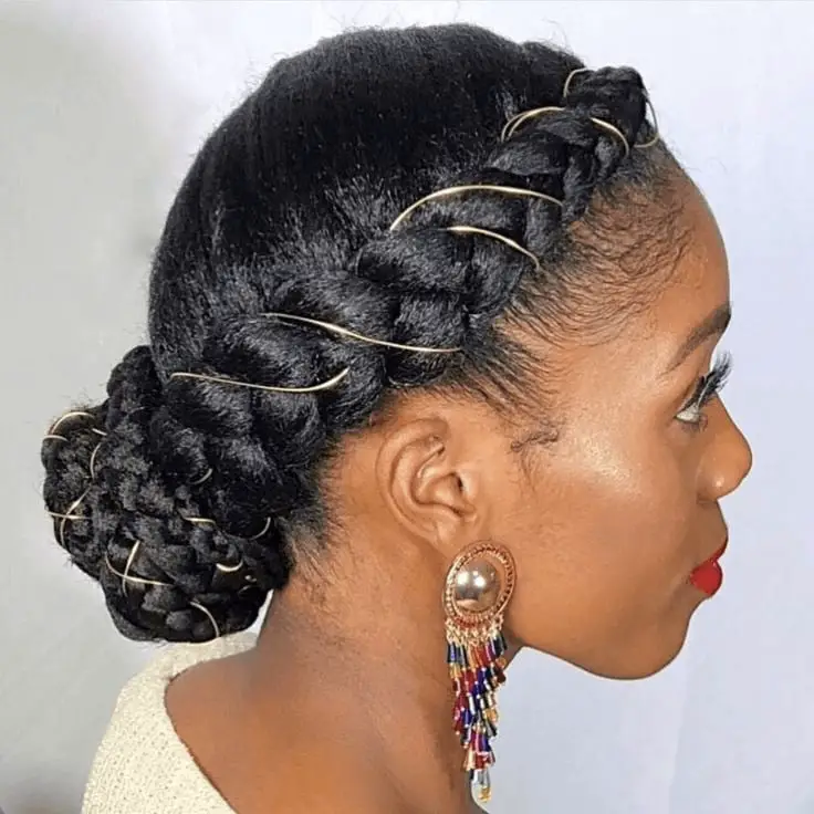 Black Coily Crown Braid with Gold Wire — Simple Crown Braid