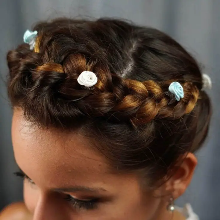 Bohemian Dark Brown Crown Braid with Curtain Bangs — Simple Crown Braid