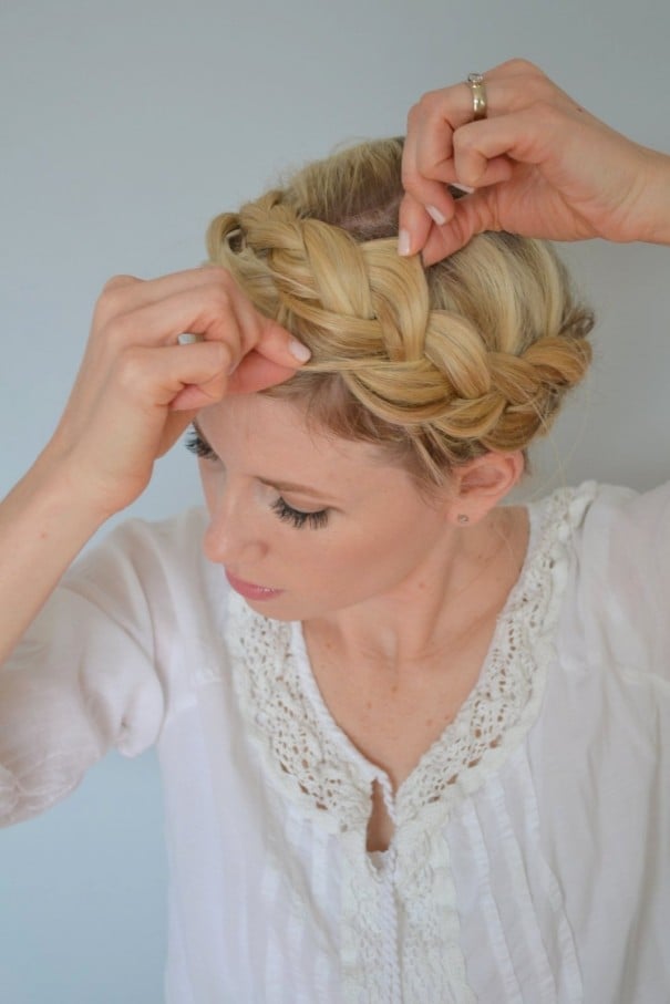 Fine Wavy Blonde Crown Braid With Wispy Bangs — Simple Crown Braid