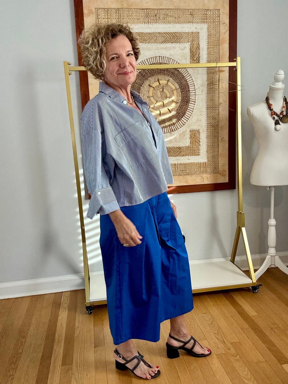 Royal Blue Wide Leg Culottes With Striped Shirt Royal Blue Wide Leg Culottes With Striped Shirt — Simple Culottes Outfits