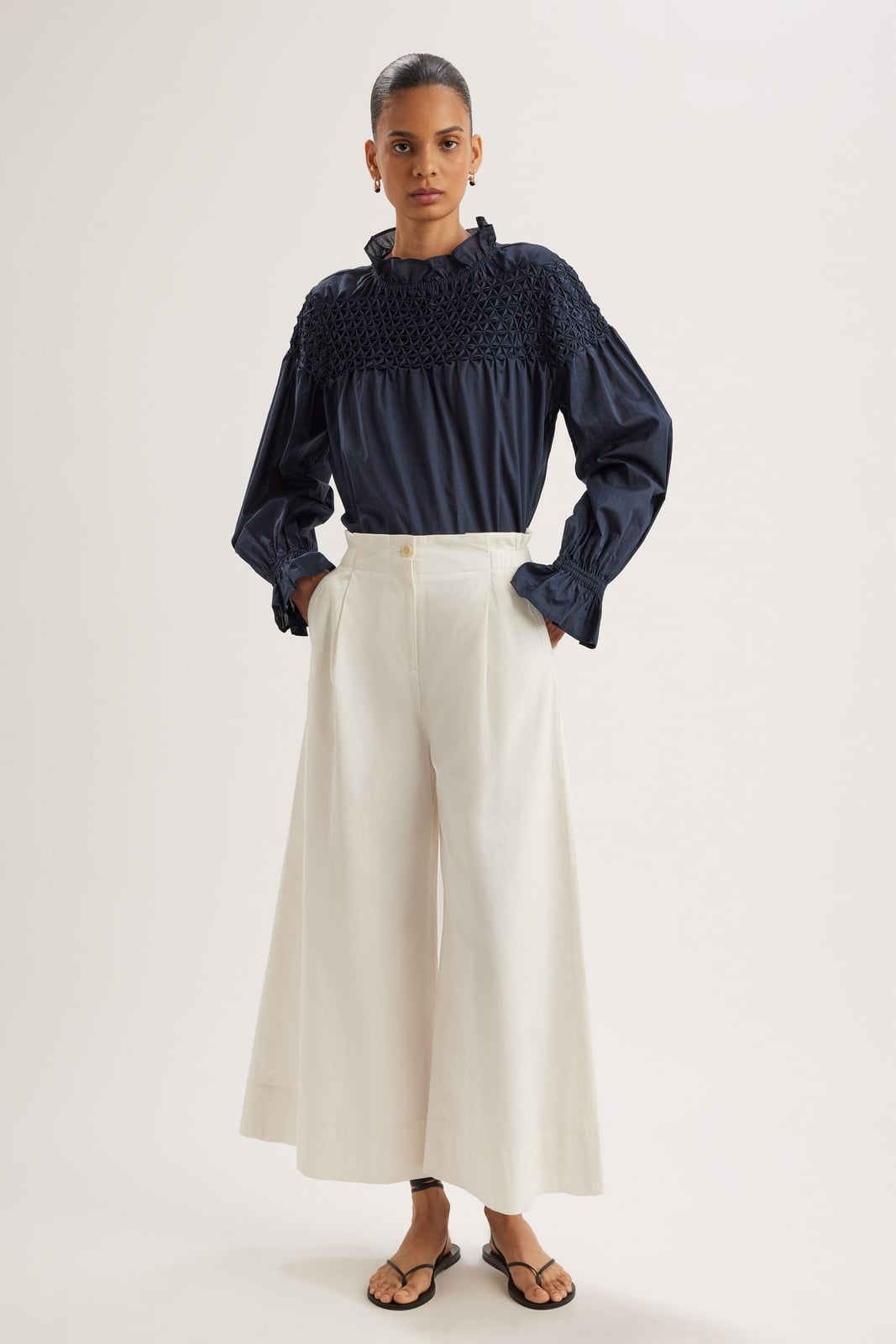 Navy Smocked Blouse With Cream High Waisted Culottes Navy Smocked Blouse With Cream High Waisted Culottes — Simple Culottes Outfits
