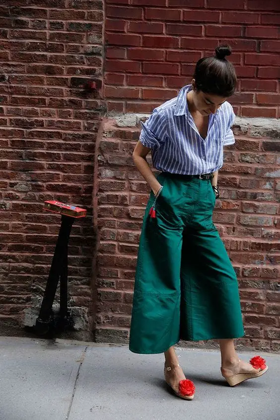 Teal Green Wide Leg Culottes With Striped Button Down Teal Green Wide Leg Culottes With Striped Button Down — Simple Culottes Outfits