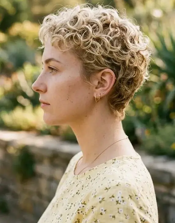 Blonde Curly Pixie With Short Bangs — Simple Curly Hair Haircuts