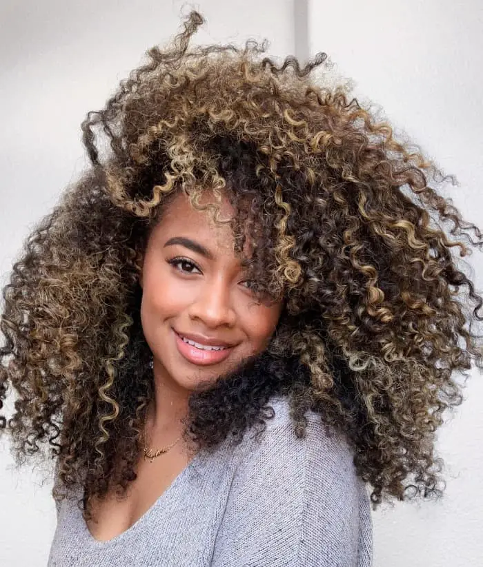 Mid-Back Curly Hair With Sun-Kissed Blonde Highlights — Simple Curly Hair Highlights