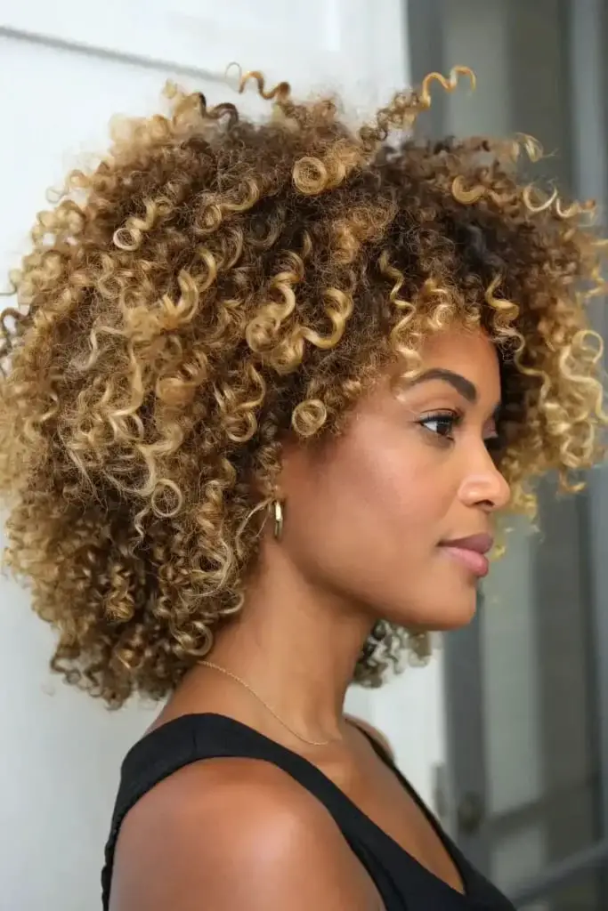 Shag With Curly Bangs And Bright Blonde Highlights — Simple Curly Hair Highlights