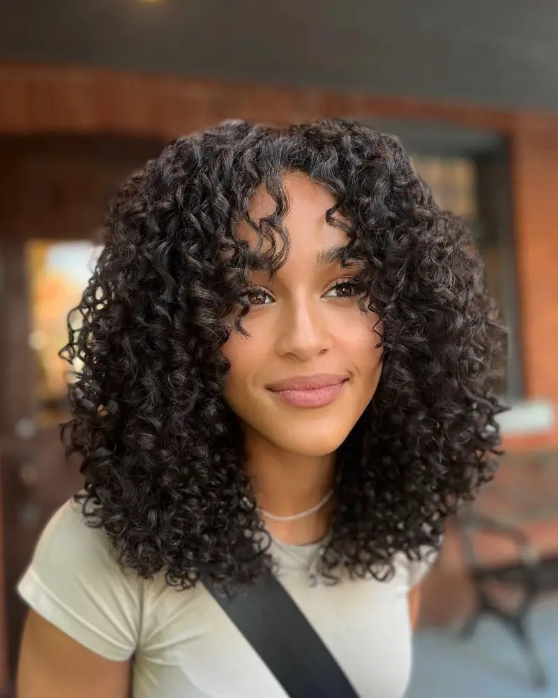 Chin Length Bob With Defined Curly Bangs, Dark Brown Chin Length Bob With Defined Curly Bangs, Dark Brown — Simple Curly Hair Layers