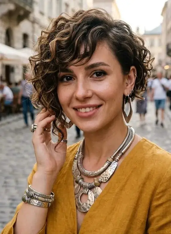 Short Shag With Choppy Bangs And Blonde Highlights — Simple Curly Highlights