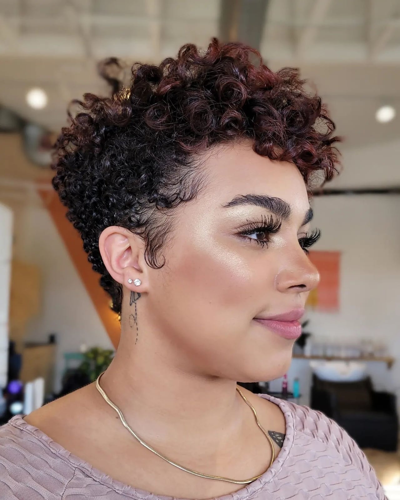 Short Pixie With Auburn Highlights — Simple Curly Highlights