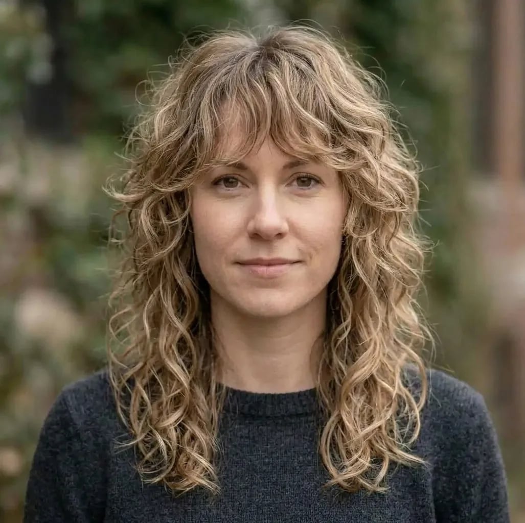 Shoulder Length Honey Blonde Shag With Curtain Bangs — Simple Curly Shag