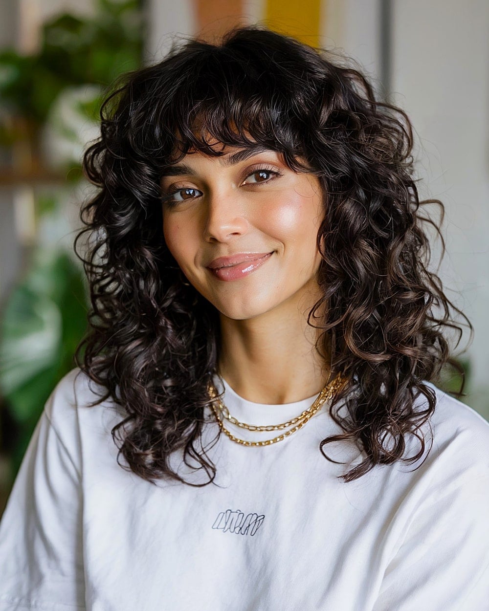 Shoulder Length Dark Brown Shag With Curtain Bangs — Simple Curly Shag
