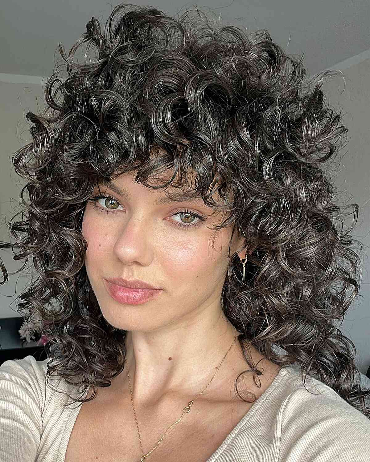 Dark Brown Collarbone Shag With Caramel Highlights — Simple Curly Shag
