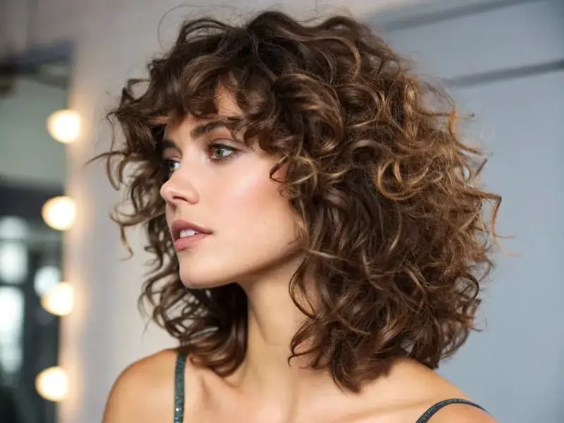 Medium Brown Collarbone Shag With Short Bangs — Simple Curly Shag