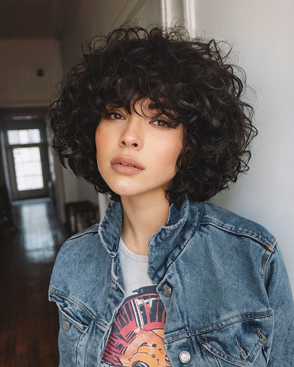 Chin Length Dark Brown Shag With Full Bangs — Simple Curly Shag