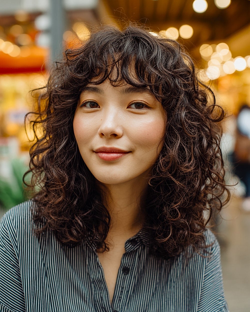 Shoulder Length Dark Brown Shag With Full Bangs and Middle Parting — Simple Curly Shag