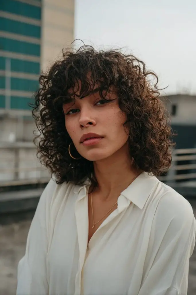 Collarbone Shag With Wispy Bangs and Brown Highlights — Simple Curly Shag Haircut