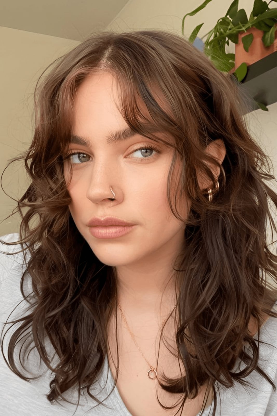 Shoulder Shag With Wispy Bangs and Balayage, Wavy-Curly — Simple Curly Shag Haircut