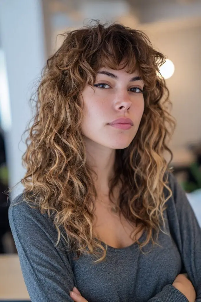 Collarbone Shag With Wispy Bangs and Brown Highlights, Close-Up Take — Simple Curly Shag Haircut