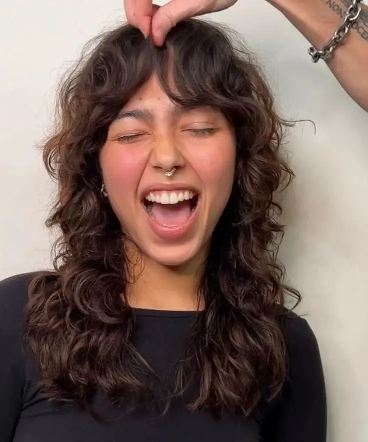 Collarbone Shag With Defined Curls and Curly Bangs, Middle — Simple Curly Shag Haircut