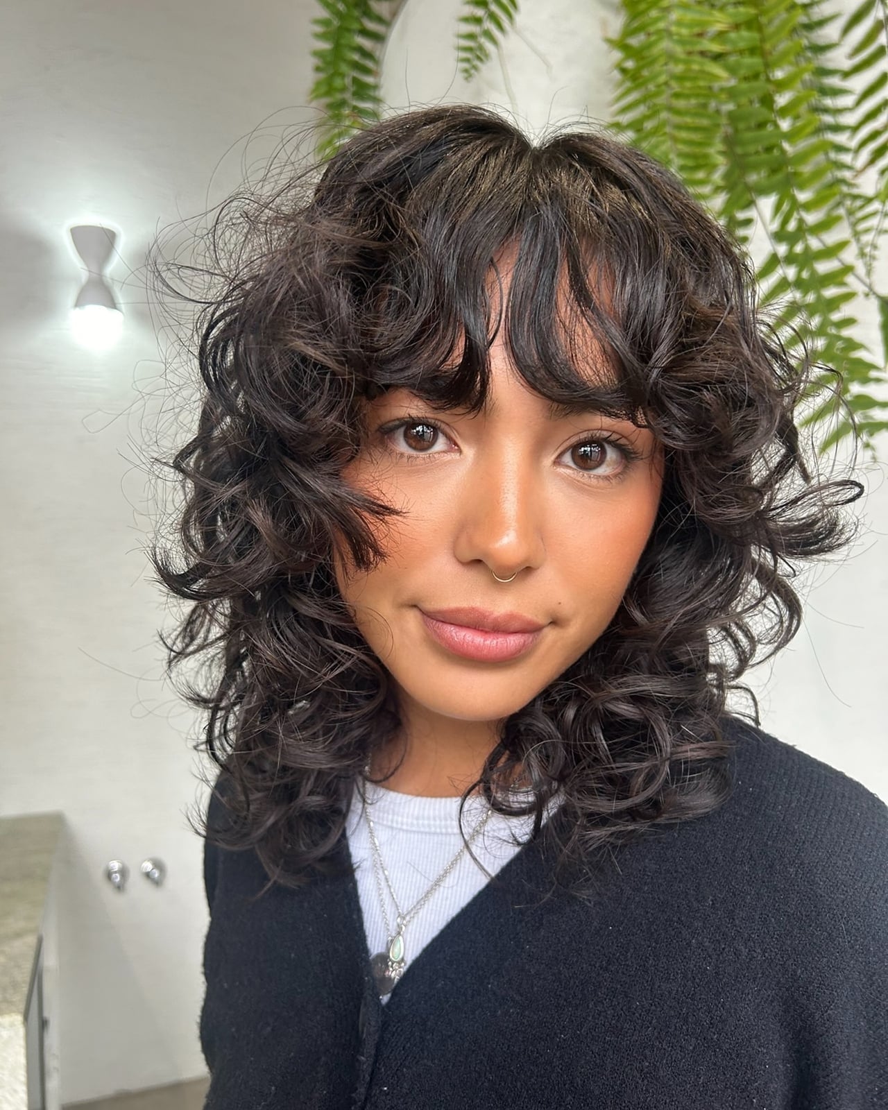 Collarbone Dark Brown Shag With Shaggy Bangs, Office-Safe Version — Simple Curly Shag Haircut