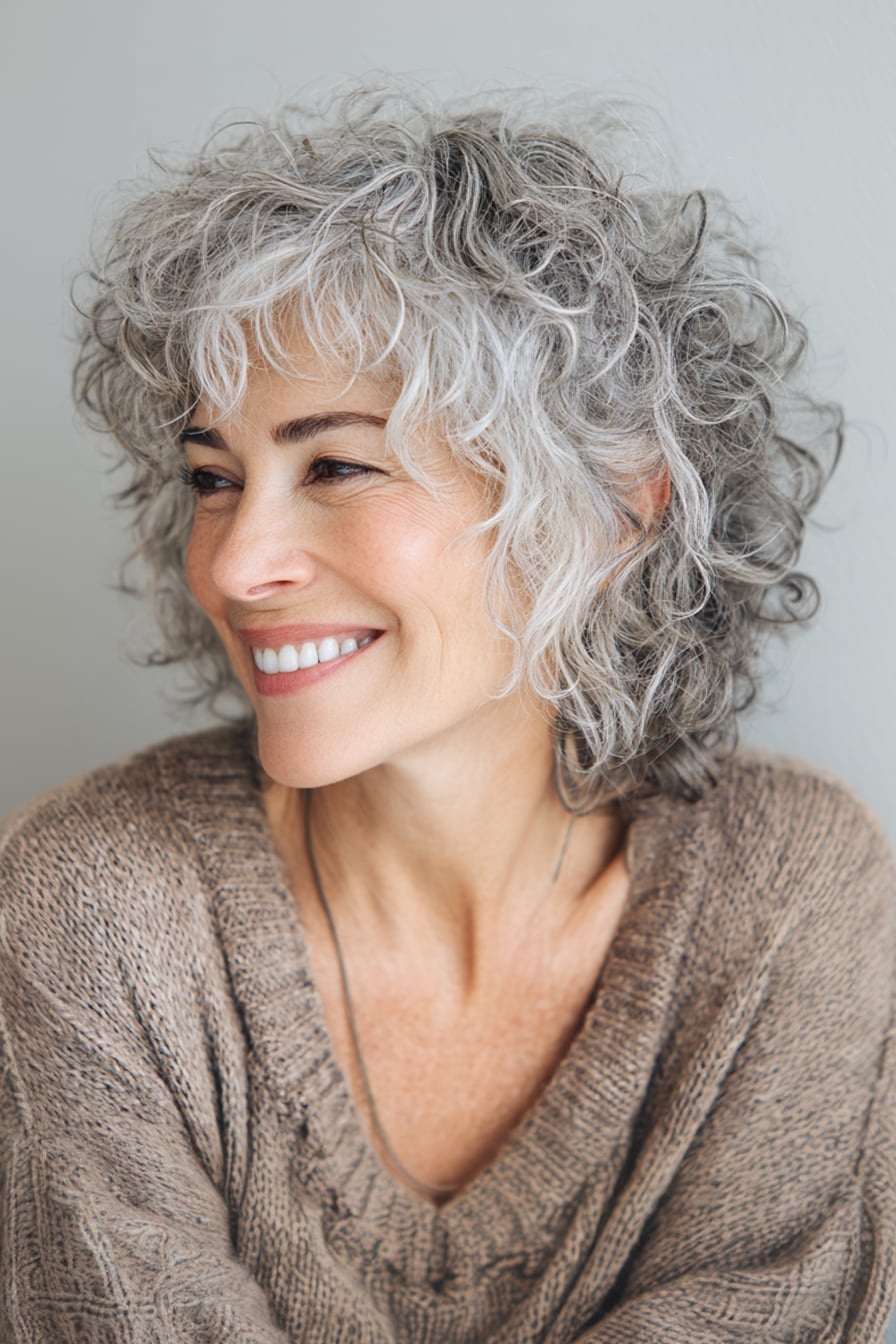 Short Gray Shag With Wispy Bangs and Side Part — Simple Curly Shag Haircut