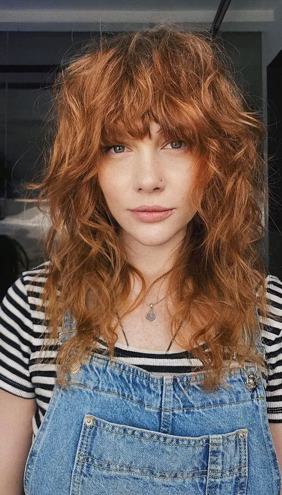 Collarbone Ginger Shag With Full Curly Bangs, Middle — Simple Curly Shag Haircut