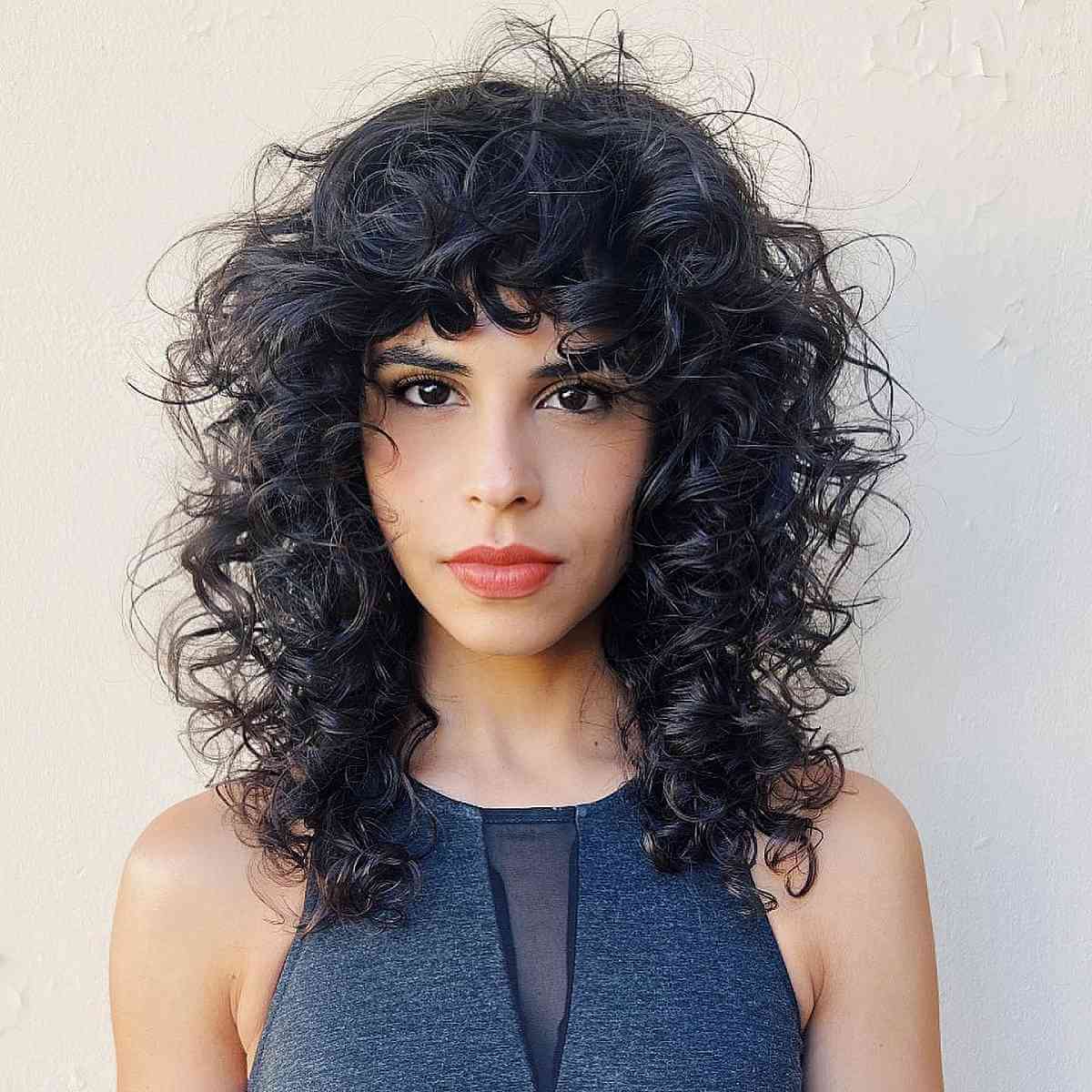 Collarbone Curly Shag With Defined Curls, Dark Brown — Simple Curly Shag Haircut