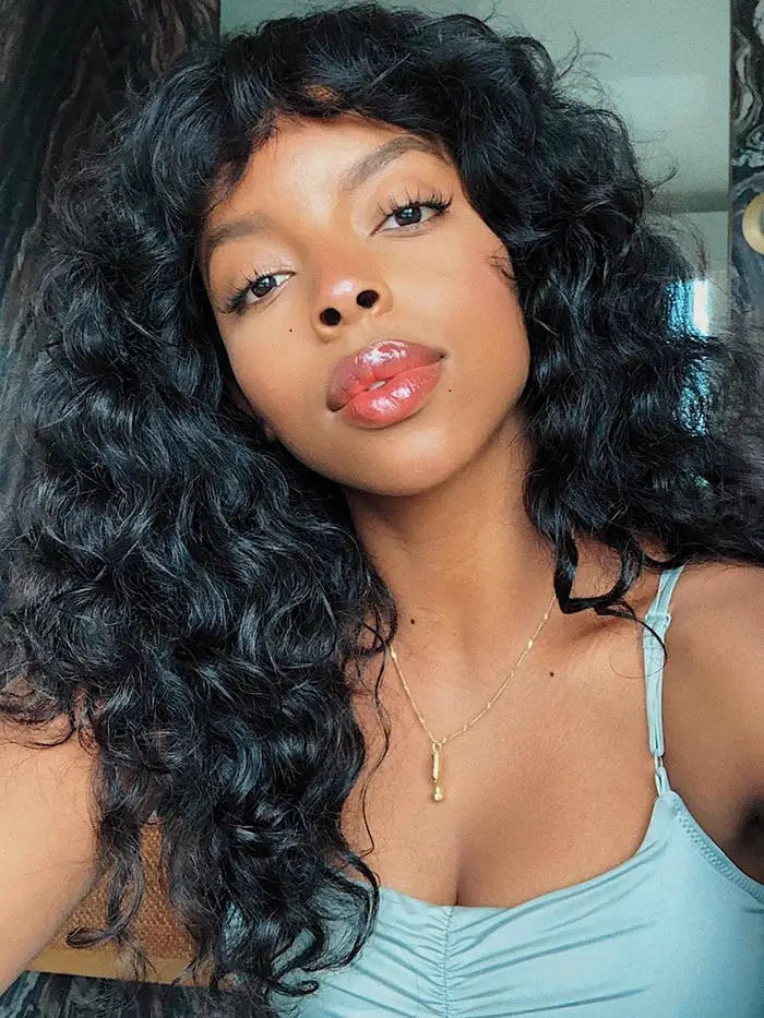 Collarbone Shag With Curtain Bangs and Highlights, Middle — Simple Curly Shag Haircut