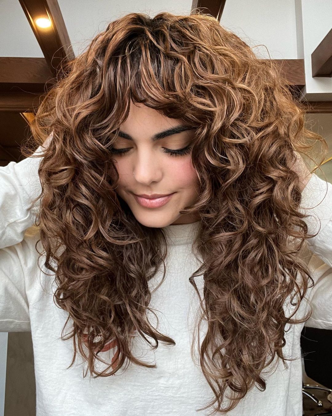 Mid-Back Medium Brown Wolf Cut With Highlights Mid-Back Medium Brown Wolf Cut With Highlights — Simple Curly Wolf Cut